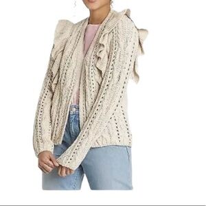 New Universal Thread cable Knit Open Ruffle Cardigan Small Tan Ecru Cottagecore